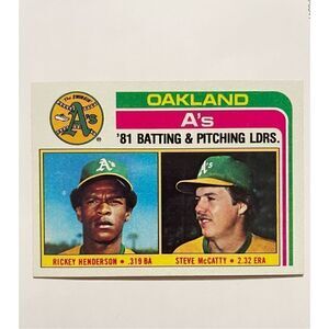 1982 Topps Ricky Henderson A’s batting and Steve McCarthy pitching leaders #156